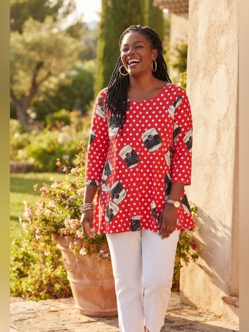 SIZE 1X Attitudes by Renee® NEW Polka Dot Soup Can Tunic Top Spandex